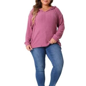 Ribbed Knit Pullover Hoodie Womens 1XL Plum Pink Excellent Relaxed V-Neck